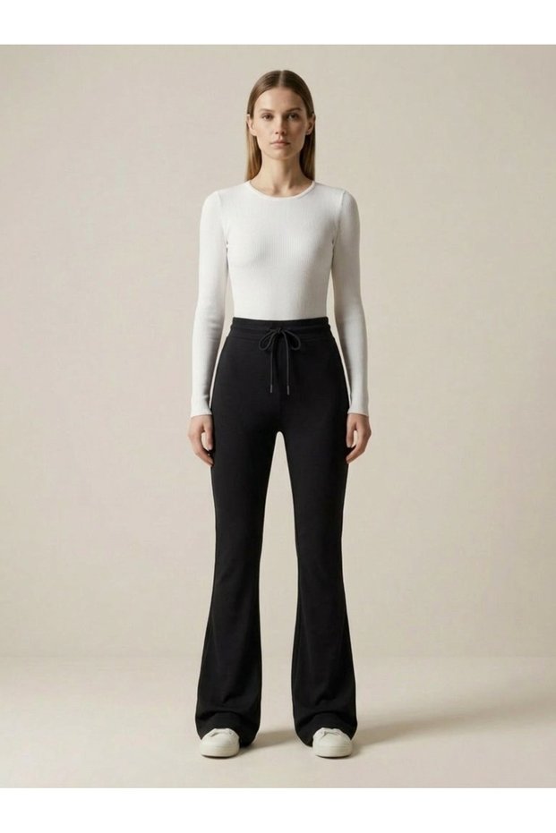 Black Steel Interlock High Waist Drawstring Flare t Shaping / Sculpting Knitted Pants