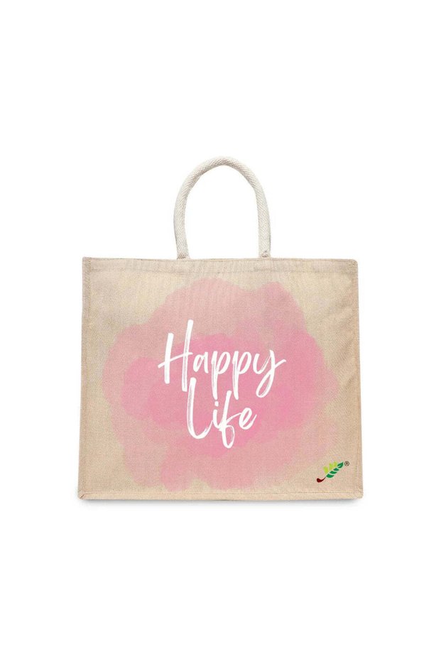 Tote Bag - Happy Life Printed Stylish Carry-All Cotton Tote Set of 01