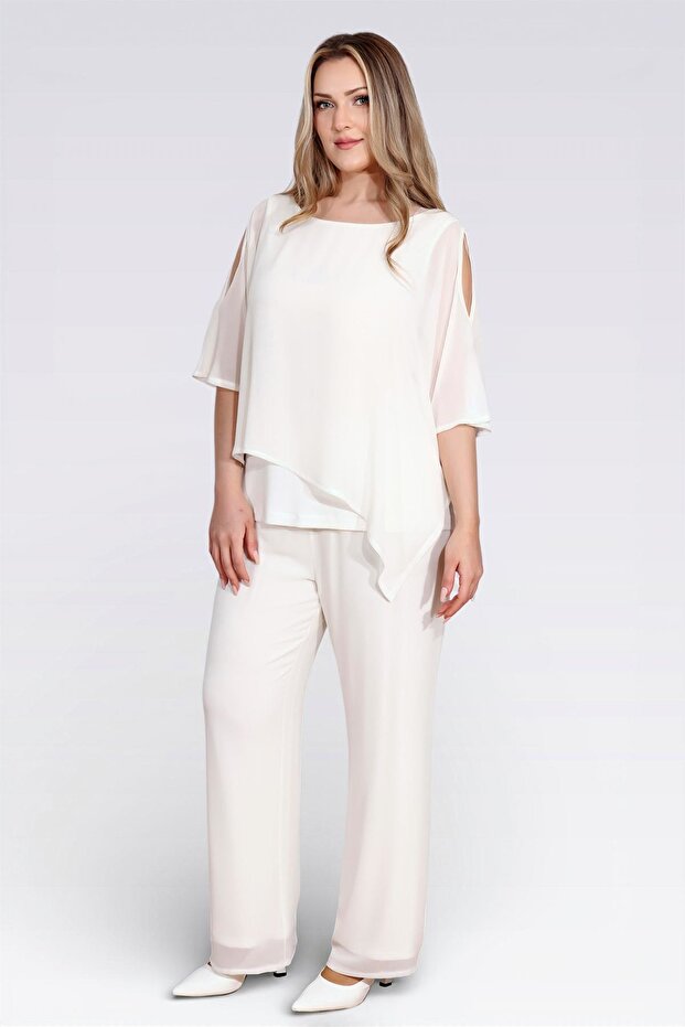 30094 Ecru Chiffon Pants with Elastic Waist and Tube-Legged Trim Lining
