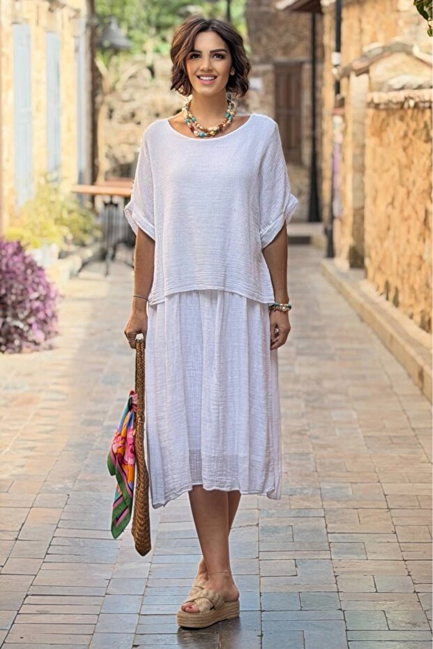 White Double-Layer 100% Cotton Linen Italian Dress