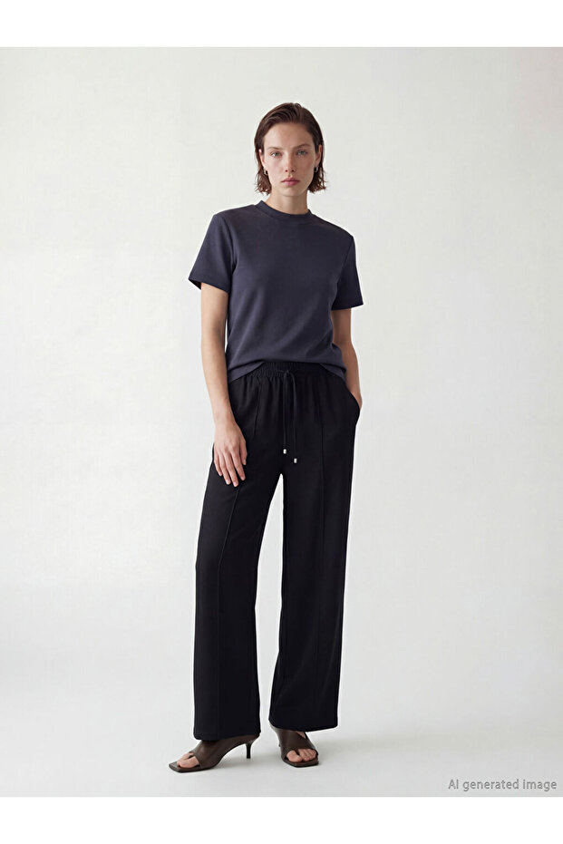 Lcw Studio Black Wide Leg Women's Trousers with Elastic Waist