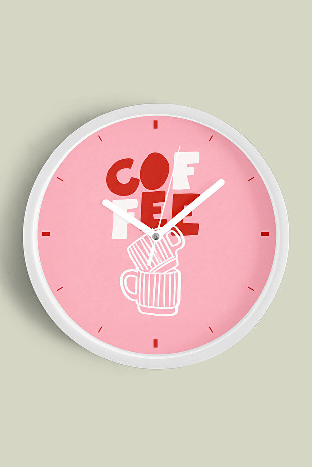 تصميم حديث مكتوب عليه ''COFFEE'' - ساعة حائط للمطبخ - 35 سم - هيكل أبيض مع زجاج أمامي