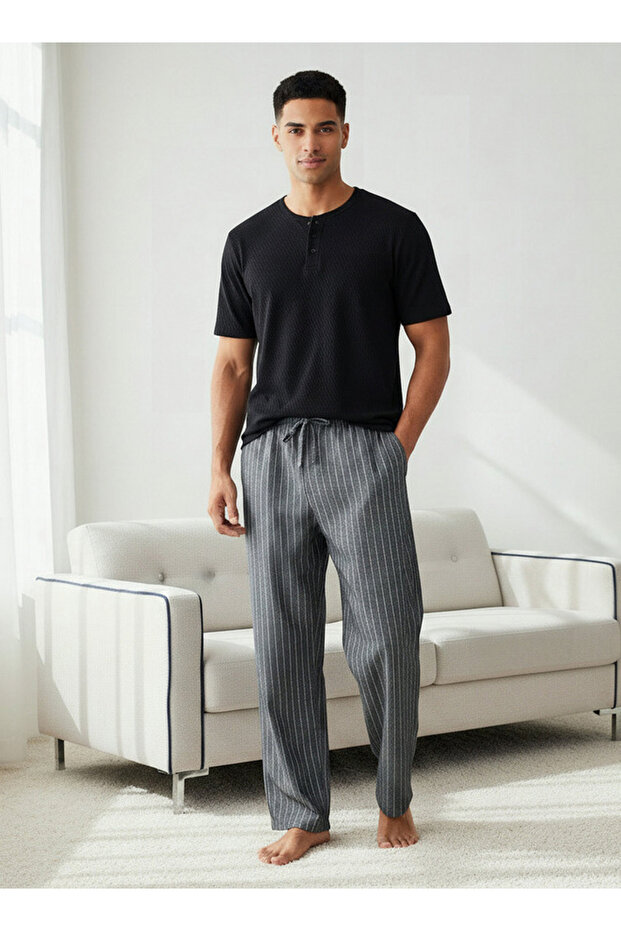 Men Cotton Striped Button Front Nightwear Set