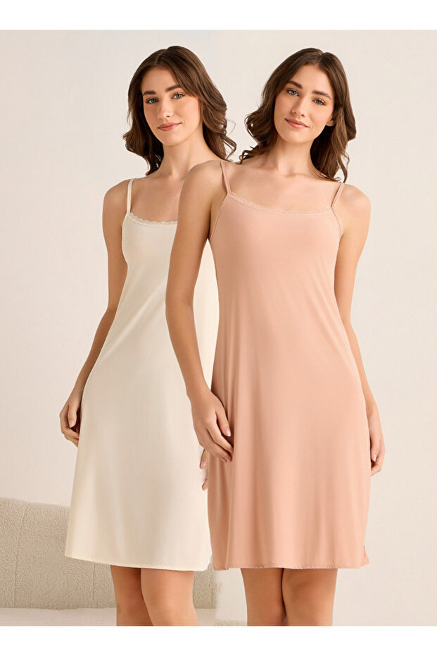 Set of 2 - Long Slip Dress Sleeveless Lace Trim