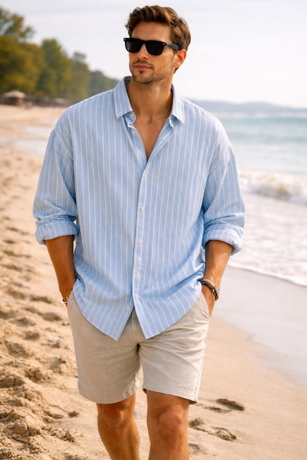 Iron-Free, Lightweight Do Textured Fine Stripe Dress Shirt for Men in Drapey Sizes, Summer Style