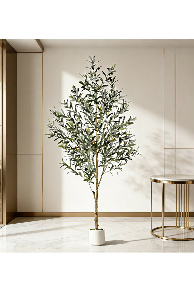 Realistic Faux Olive Tree with Natural Trunk & Fruits, Elegant White Pot, Modern Home Office Plant