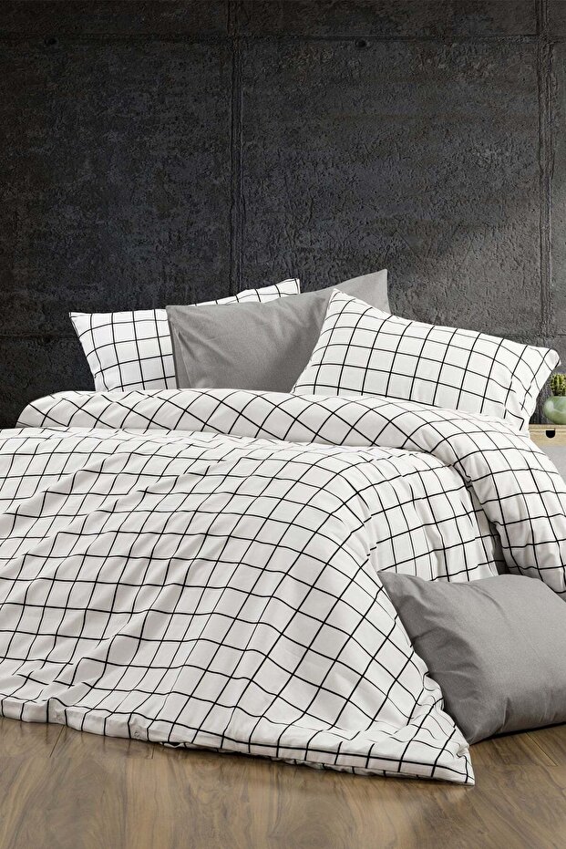 Lovian Double Duvet Cover Set Square Patterned White