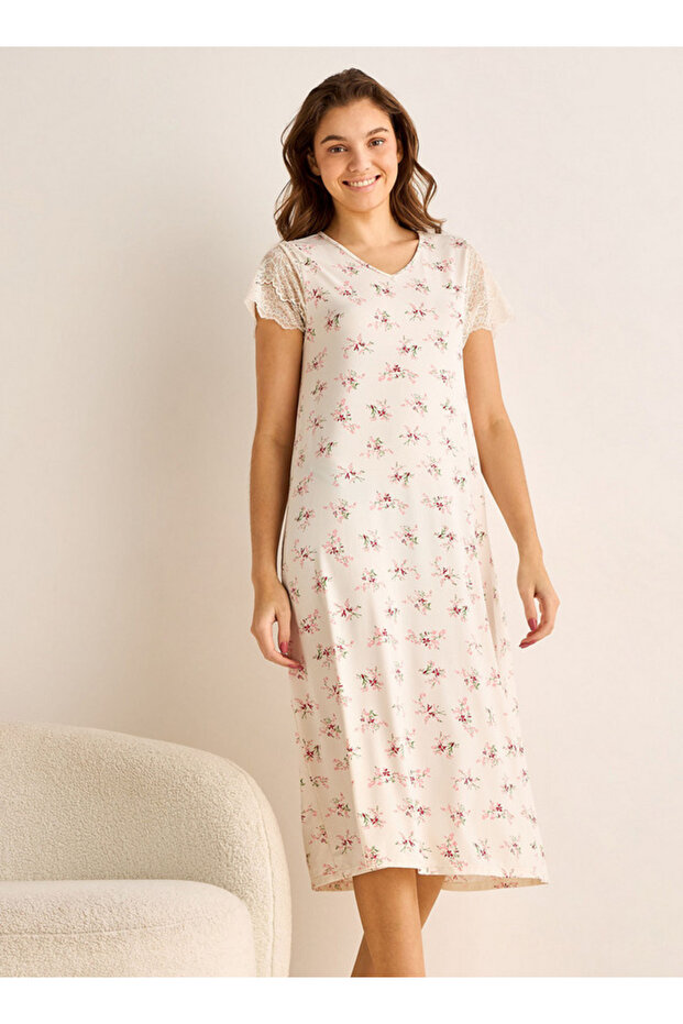 Night Dress Short Sleeve Floral Print