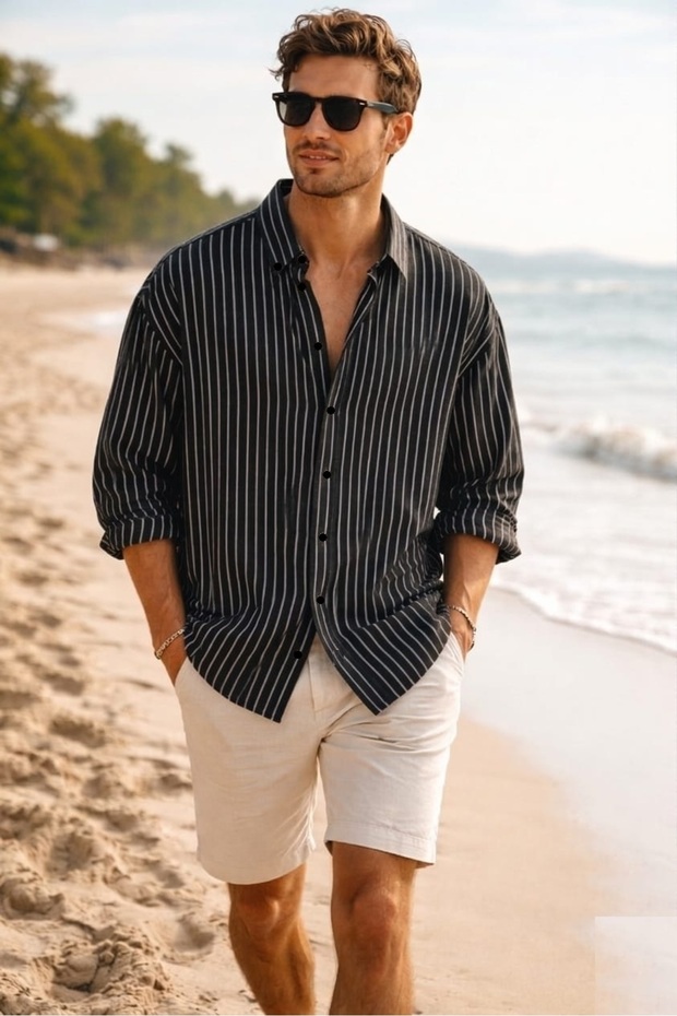 Iron-Free, Lightweight Do Textured Fine Stripe Dress Shirt for Men in Drapey Sizes, Summer Style