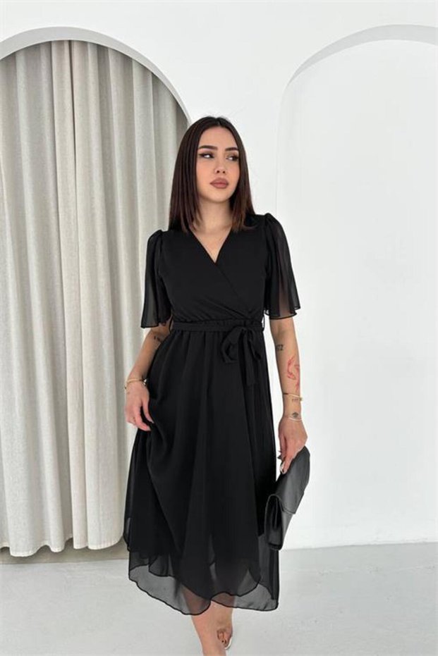 Women's Black Belted Double-Breasted Collar Wrap Chiffon Dress Nbk4520