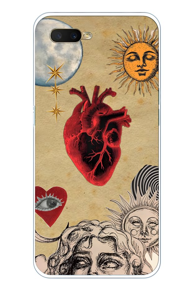 Oppo A5S / Ax7 / A12 Compatible Sun and Heart Collage Patterned Transparent Phone Case