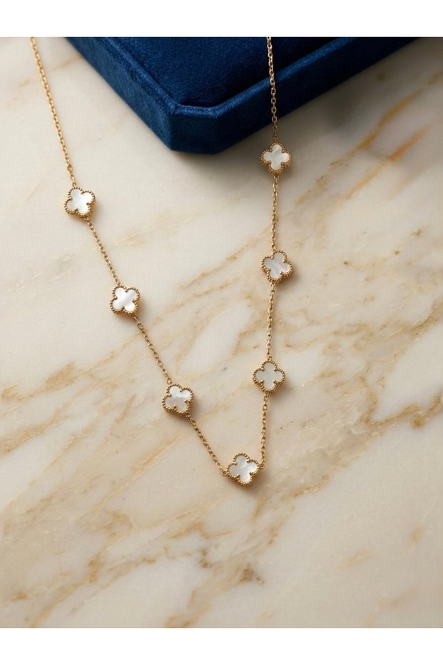 White Enamel 7-Piece Classic Size Clover Gold Color Chain Stainless Steel Necklace