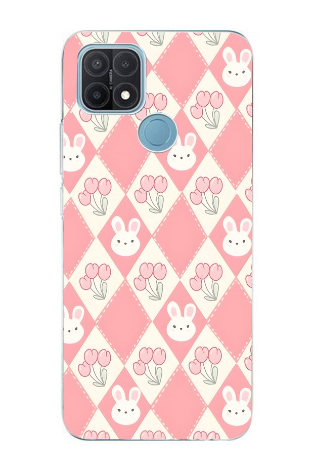 حافظة هاتف شفافة متوافقة مع هاتف اوبو A15 / A15S من نوع Rabbit and Tulip منقوش