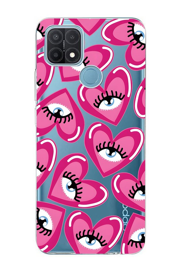 Oppo A15 / A15S Compatible Pink Heart Eye Patterned Transparent Phone Case