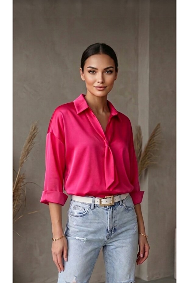 Women's Pink Satin Shirt with Mobile Scarf