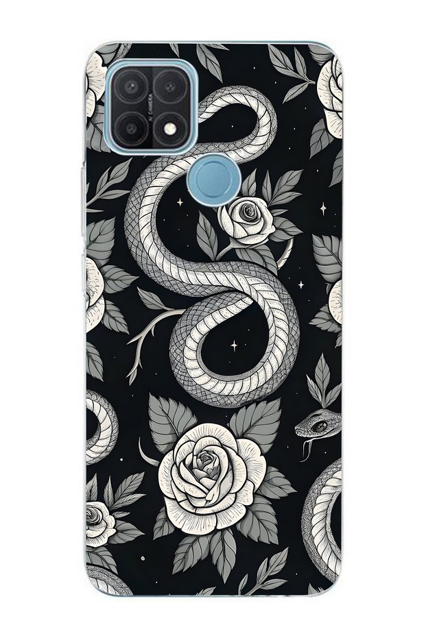 Oppo A15 / A15S Compatible Black Rose and Snake Patterned Transparent Phone Case