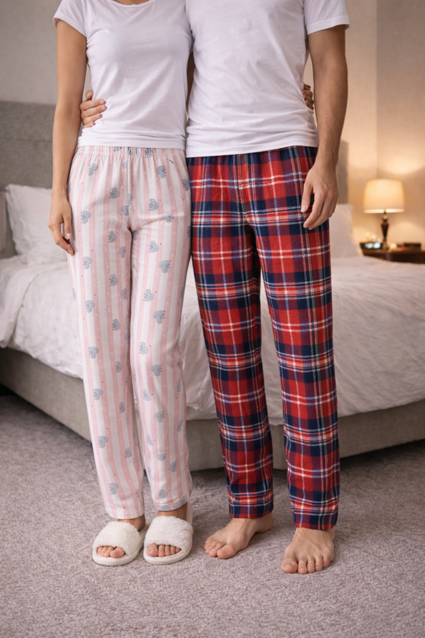 100% Cotton Combed Single Jersey Double Set of 2 Women's and Men's Pajama Bottoms