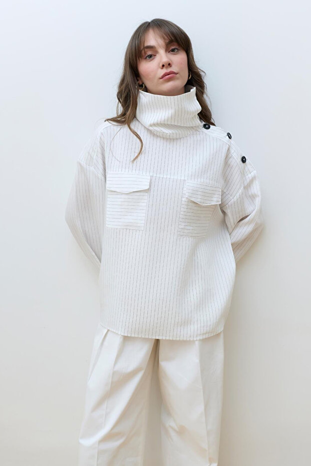 White Shirt with Button Detail on the Shoulder Striped - 4067