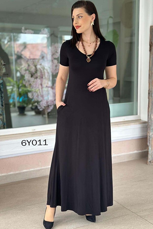 V-Neck Pocketed Viscose Combed Cotton Dress 6Y011