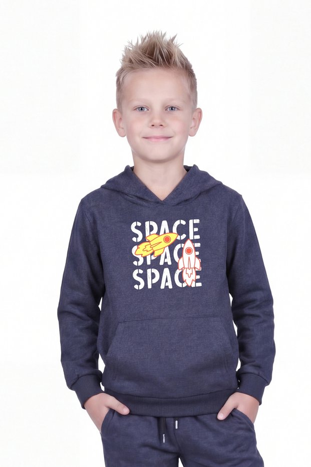 Kangaroo Pocket Hooded Printed Detailed Boys' Sweatshirt