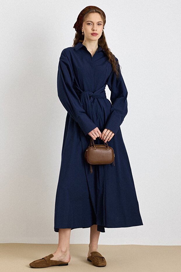 Button Closure Belt Detailed Flared Dress with Cotton Panels Dark Blue 9419-E