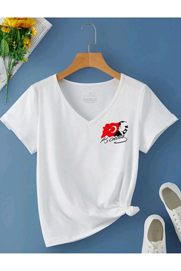 Ataturk Printed V-Neck Regular Combed Cotton Women's Tshirt