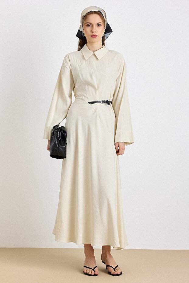 Premium Fabric Flared Dress with Belt Accessories Cream 9423-E