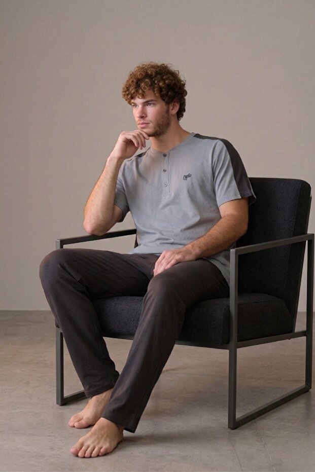 Men's Short Sleeve 100% Cotton Large Size Pajama Set Gray