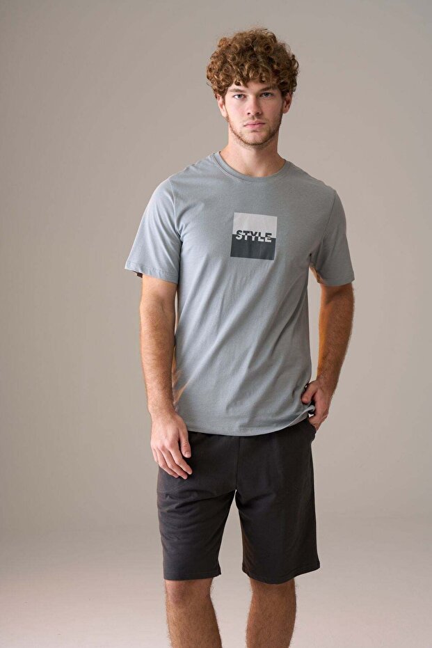 Men's Short Sleeve 100% Cotton Shorts Pajama Set Gray