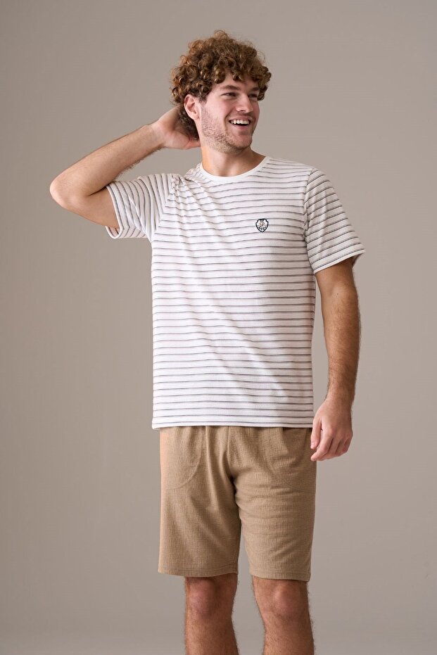 Men's Short Sleeve 100% Cotton Shorts Pajama Set Beige