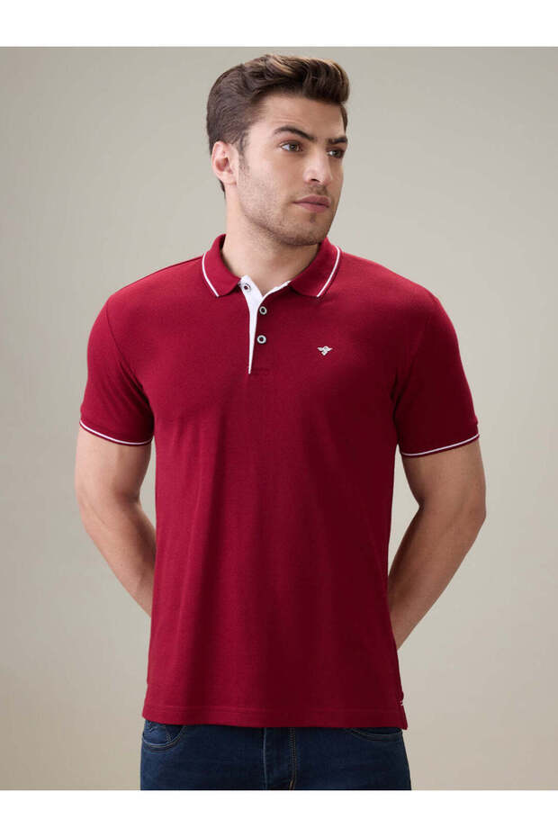 Solid Brand Logo Regular Fit Ruby Wine Polo T-shirt
