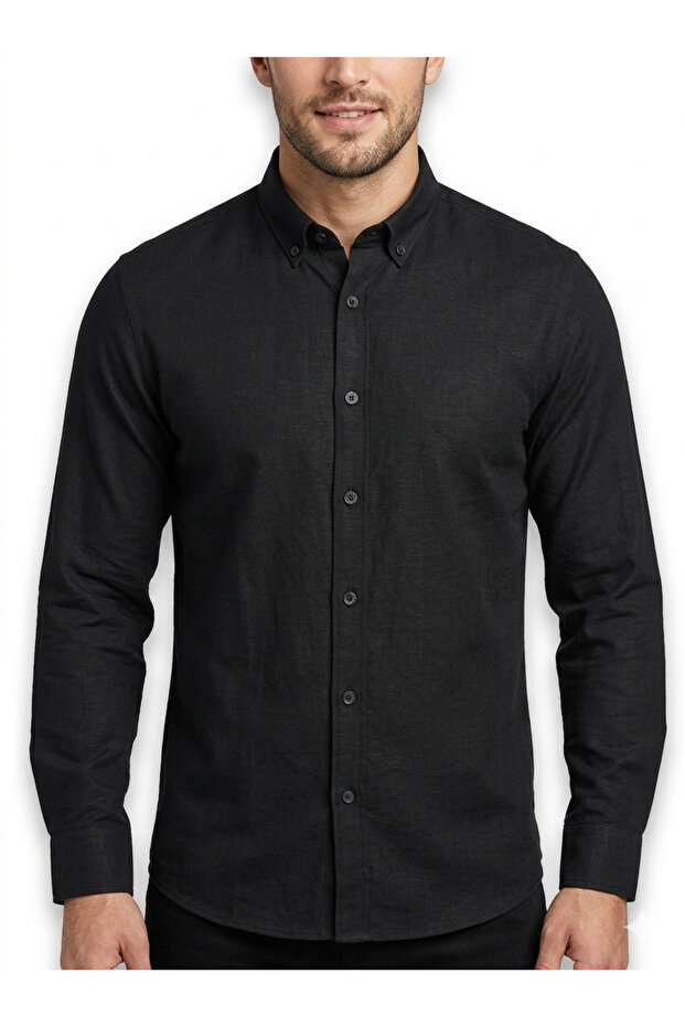 Black Men's Linen Shirt - 100% Cotton Buttons Slim Fit Button Collar