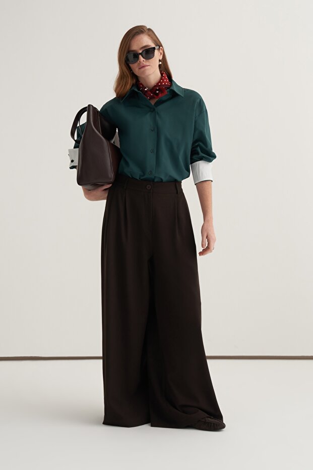 Women's Poplin Contrast Cuffed Shirt Emerald