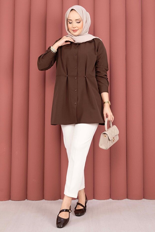 Alin Waist Adjustable Buttoned Shirt Brown