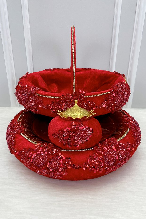 Red Vip Appliqued Velvet Henna Night Tray Basket Bridal Team, Engagement Wedding Promise Circumcision