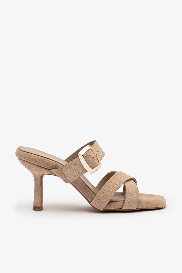 Nadia Beige Suede Leather Women's High Heels Slipper
