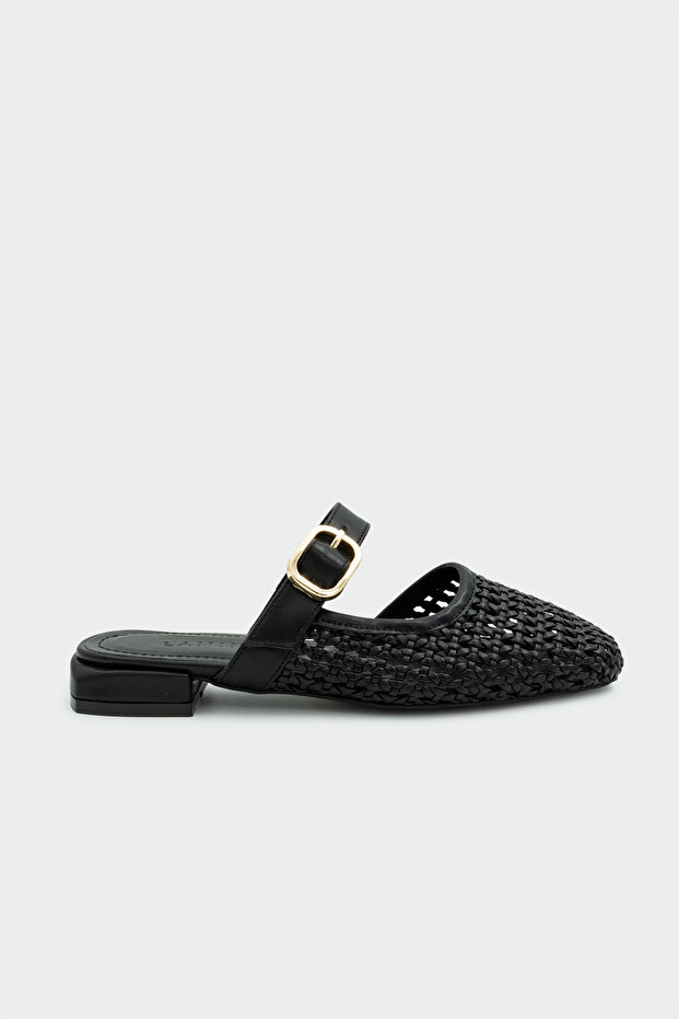Duca Knitted Detail Buckled Women's Black Slipper