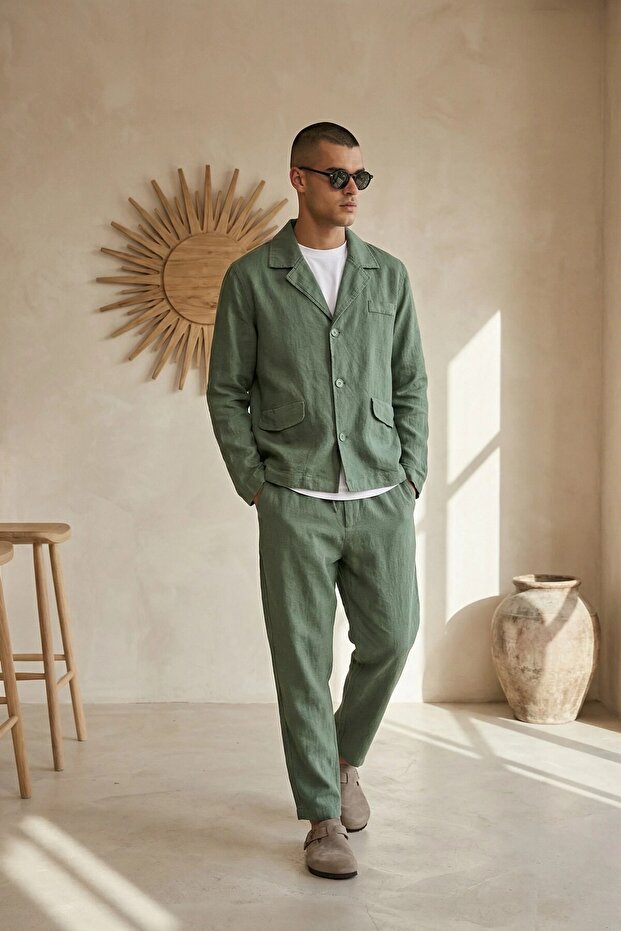 Men's Linen Jacket Boyfriend Pants Khaki Bottom Top Set Elastic Lace-Up Relaxed Cut Ls-5524