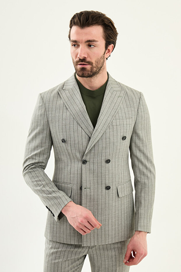 Striped Slim Fit Wide Collar Double-Breasted Men's Jacket Khaki - 41490.26Y