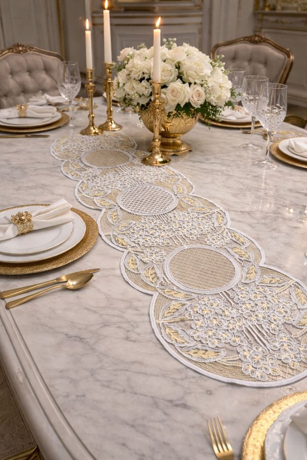 Gold Embroidered Luxury French Lace Runner 130X37 cm