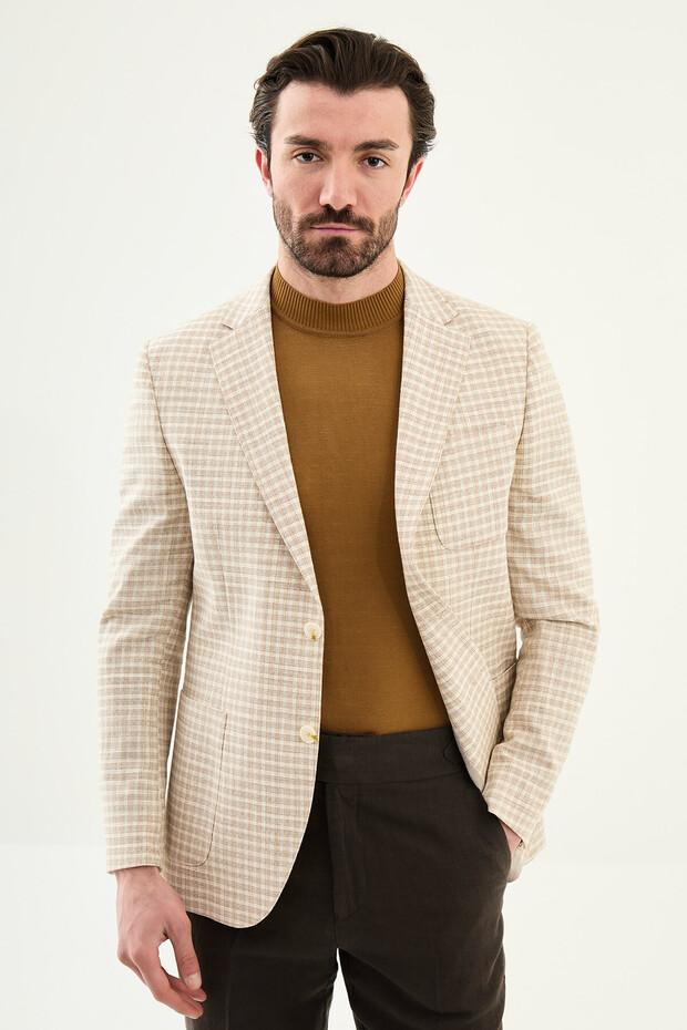 بنقش مربعات قصة ضيقة سترة رجالية بجيب على شكل حرف Y Mono Collar Jacket بيج - 41485.26Y