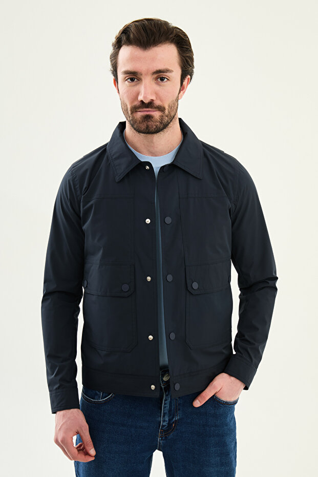 Düz Slim Fit Shirt Collar Bag Pocketed Spring Men's Coat Navy Blue - 39661.26Y
