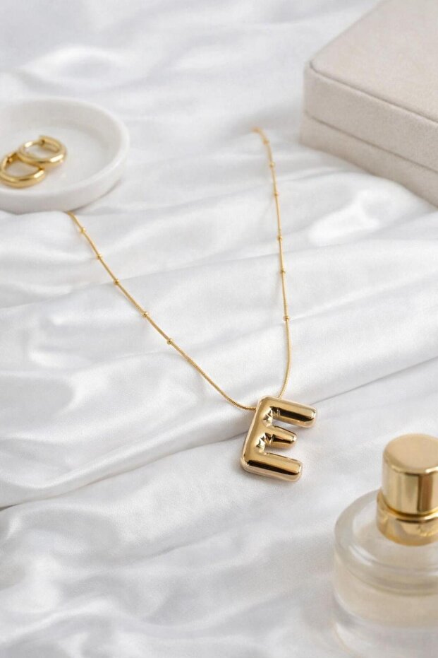 Gold Color Bubble Necklace with Letter E and Steel Chain