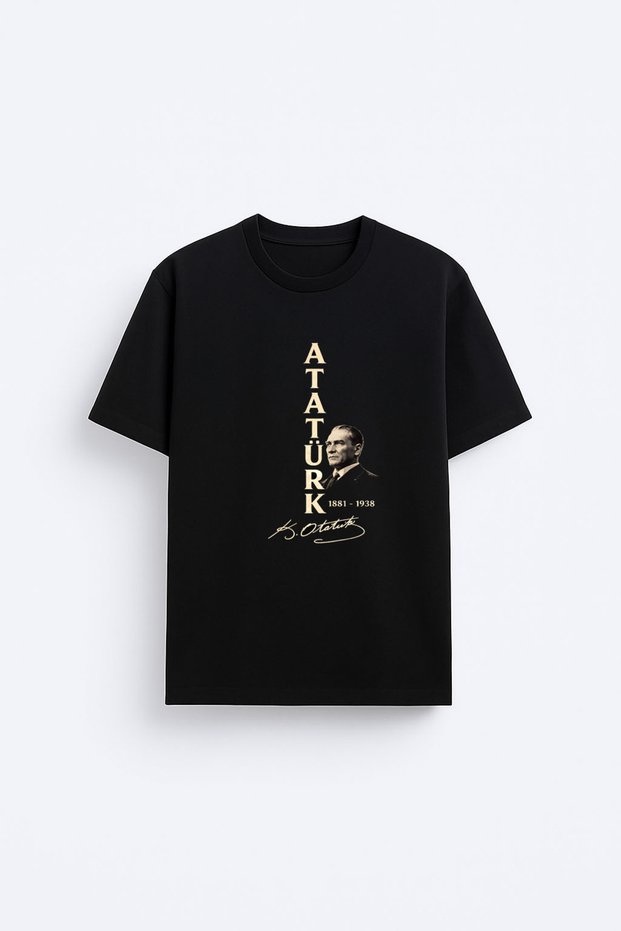 Mustafa Kemal Atatürk Printed Crew Neck Adult Kids Black T-Shirt