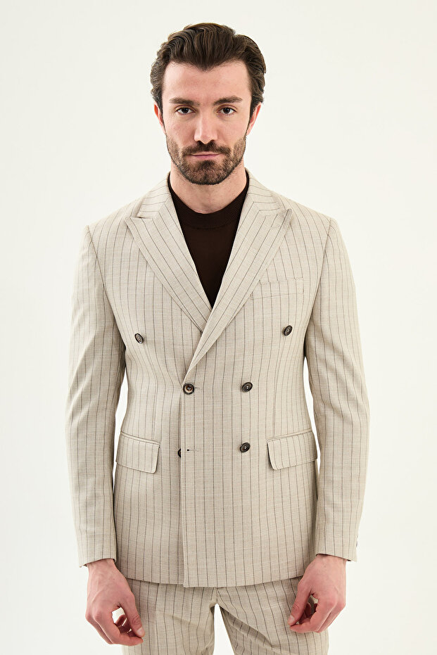 Striped Slim Fit Wide Collar Double-Breasted Men's Jacket Beige - 41490.26Y