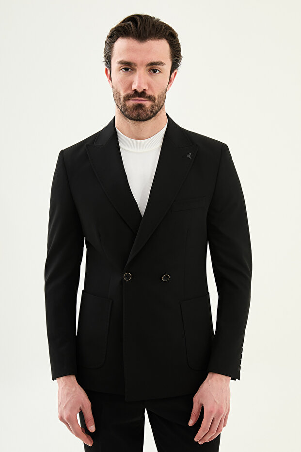 Straight Slim Fit Wide Collar Double-Breasted Pants Elastic Waist Men's Suit Black - 45436.26Y