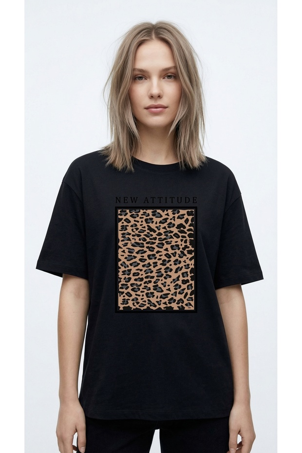Women's Oversized T-Shirt New Attıtude Leopard Print Black – Crew Neck, 100% Cotton Compact T-Shirt