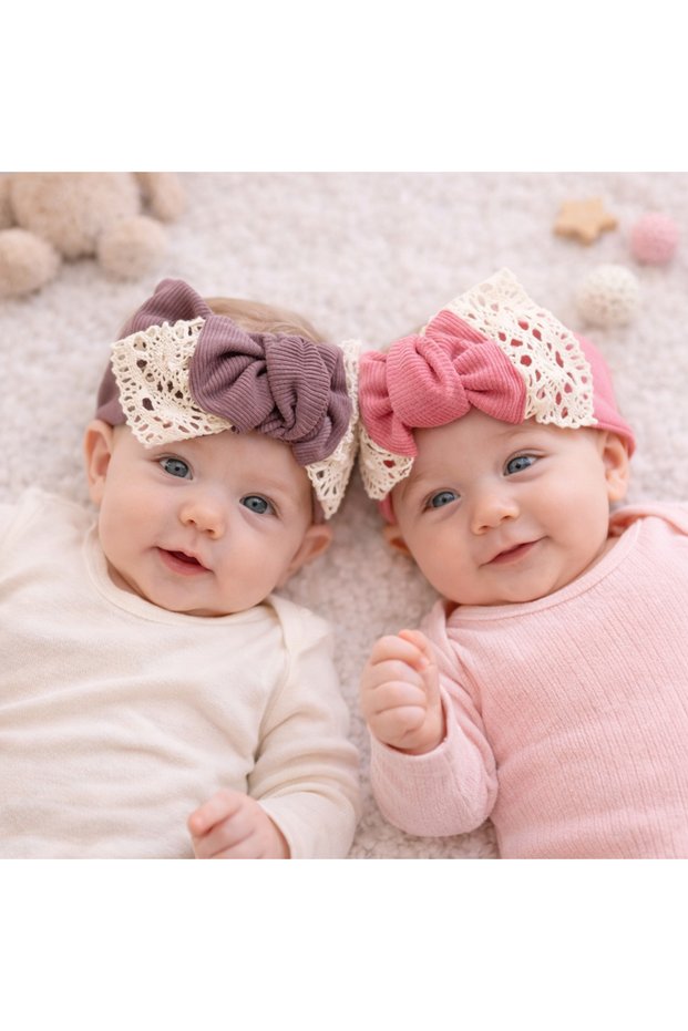 Baby Girl Cotton Piece Guipure Detailed Tie-Detail Pink Plum 2-Piece Bandana