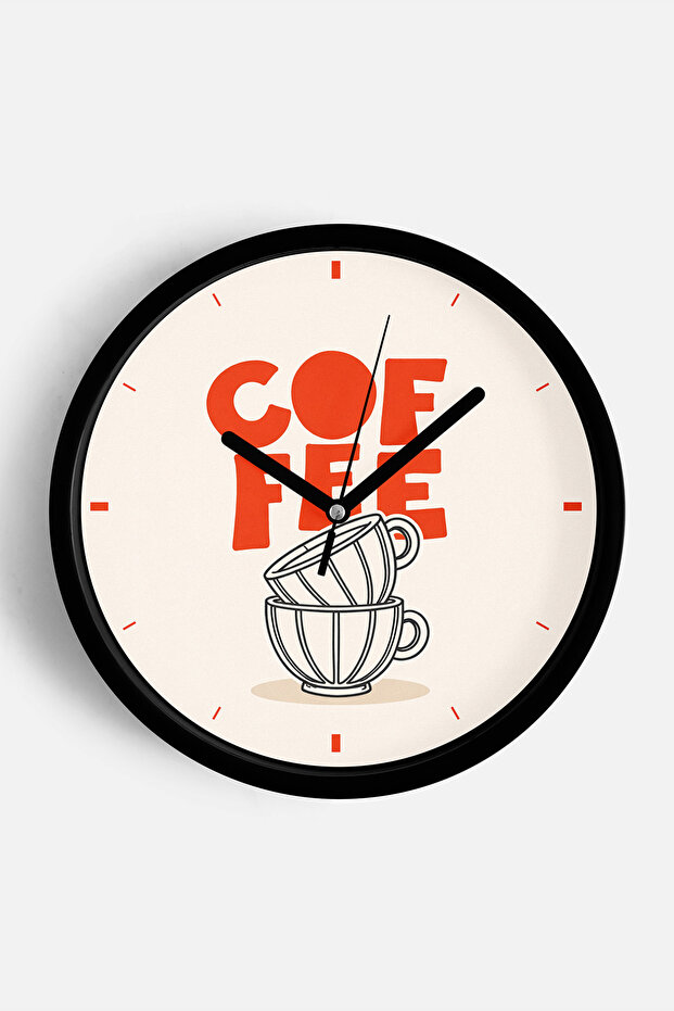تصميم حديث مكتوب عليه ''COFFEE'' - ساعة حائط للمطبخ - 35 سم - هيكل أسود مع زجاج أمامي