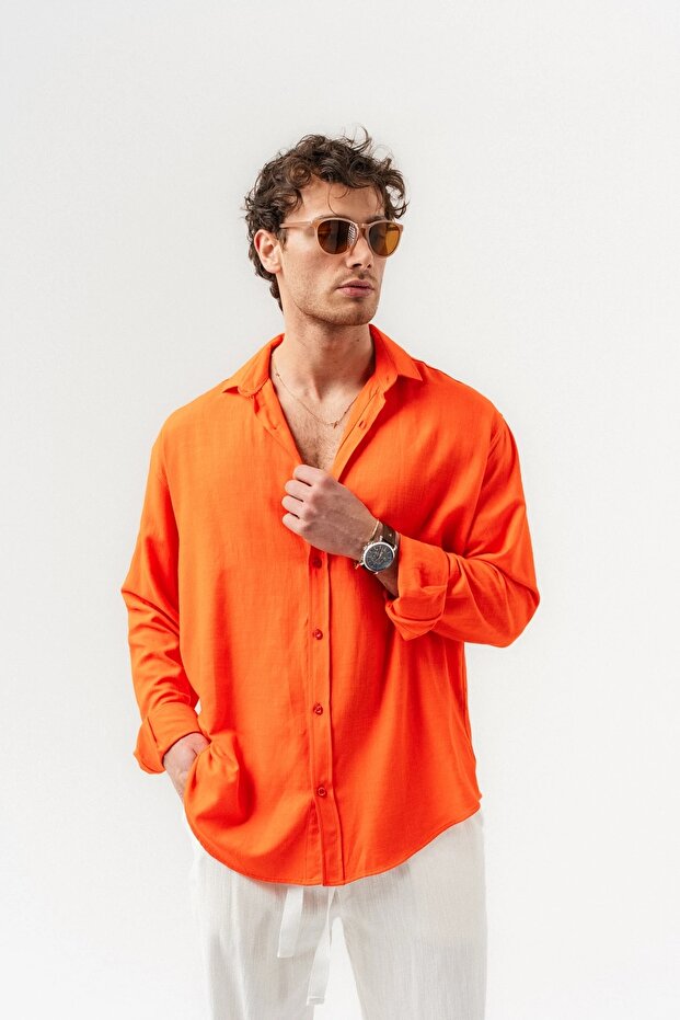 Corelino Basic Long Sleeve Linen Fabric Oversized Shirt